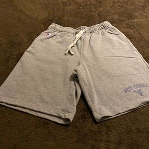 Men’s champion grey sweat shorts, West Virginia logo
